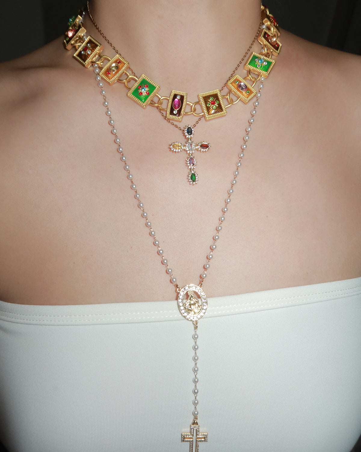 Marjorie Virgin Mary Pearl Beaded Cross Golden Lariat Necklace