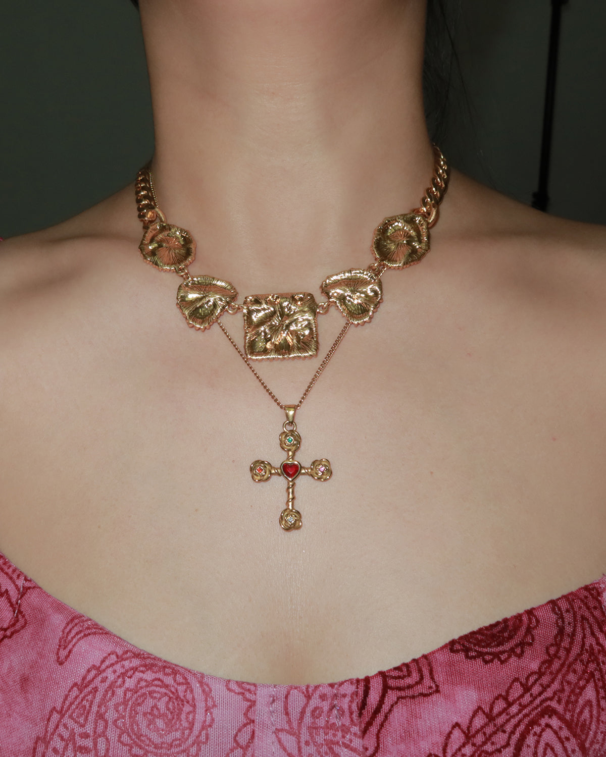 Carnelian Rose Corss Golden Necklace