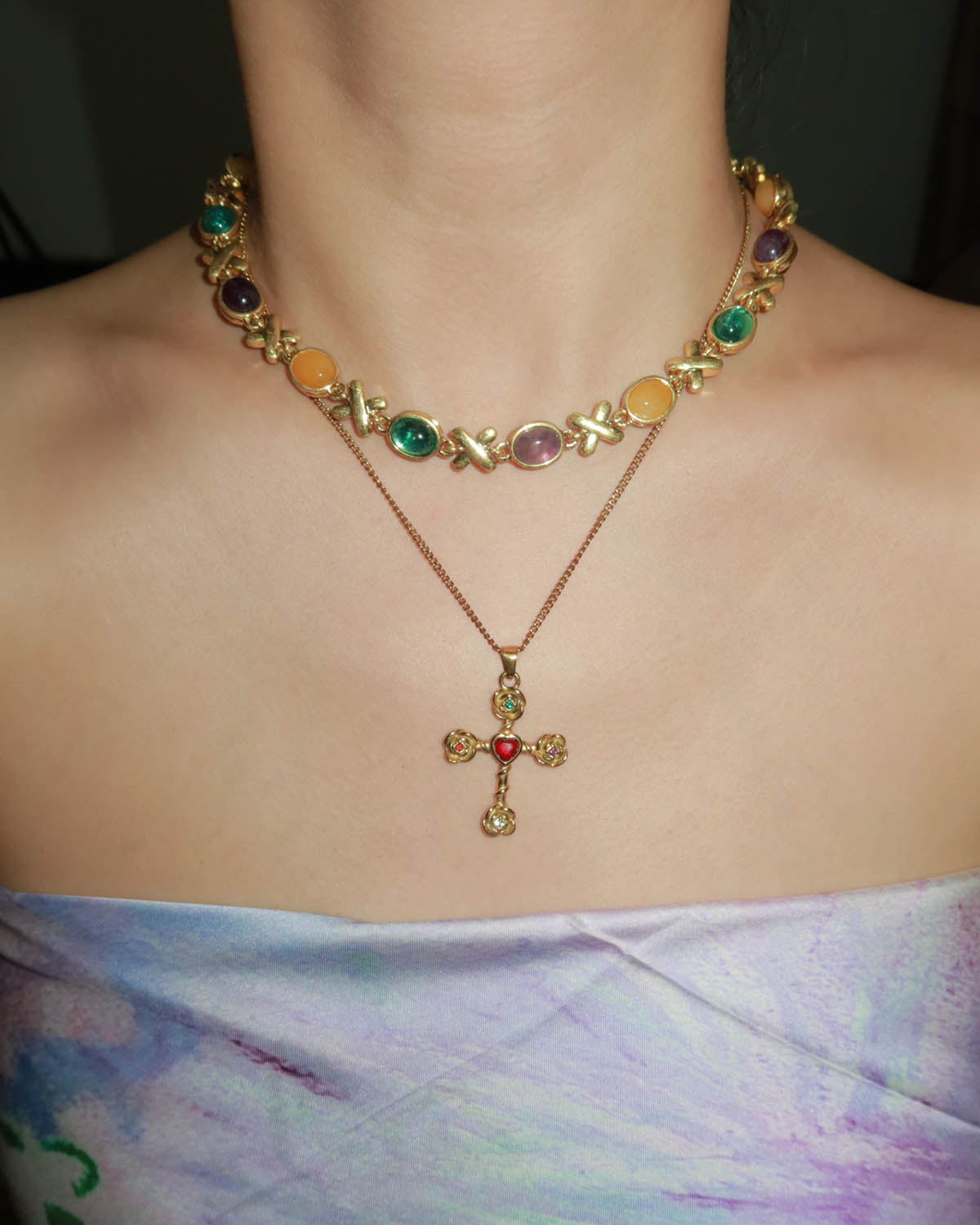 Carnelian Rose Corss Golden Necklace