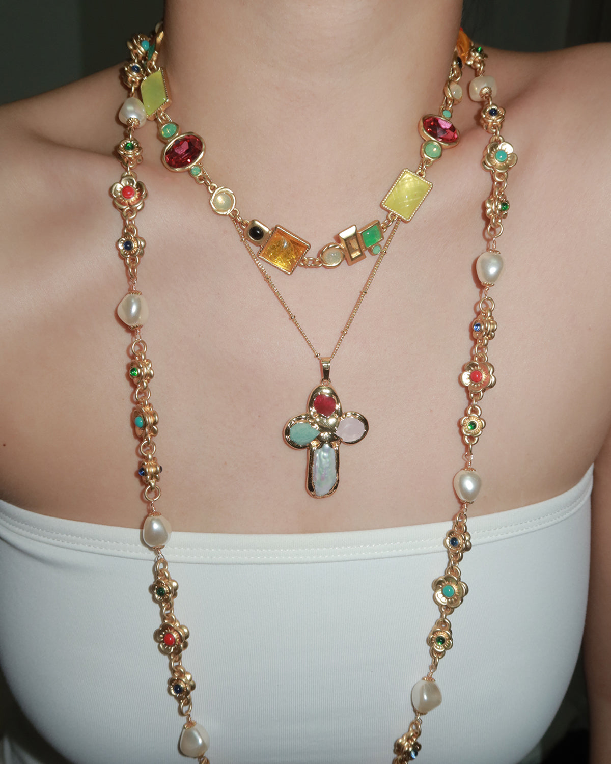 Astrid Colorful Cross Golden Pendant Necklace