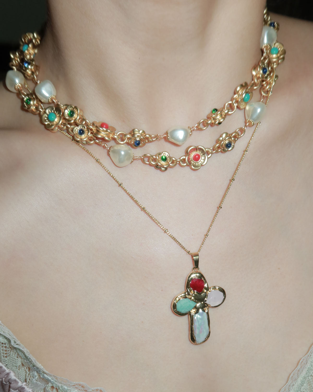 Astrid Colorful Cross Golden Pendant Necklace