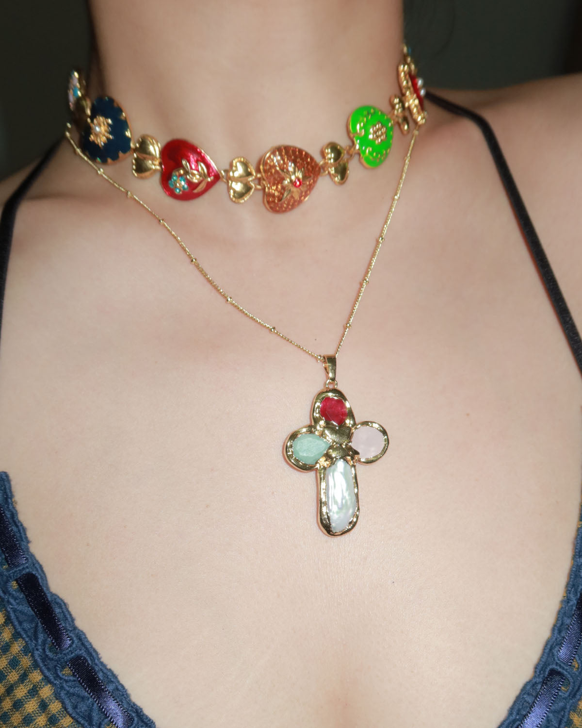 Astrid Colorful Cross Golden Pendant Necklace