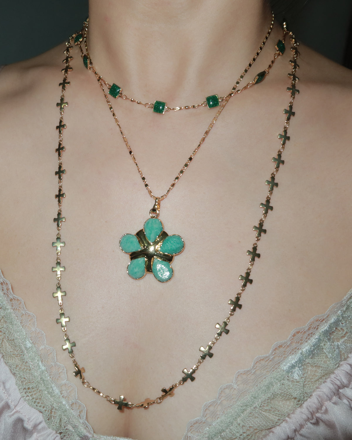 Hedy Green Square Enamel Beaded Golden Necklace