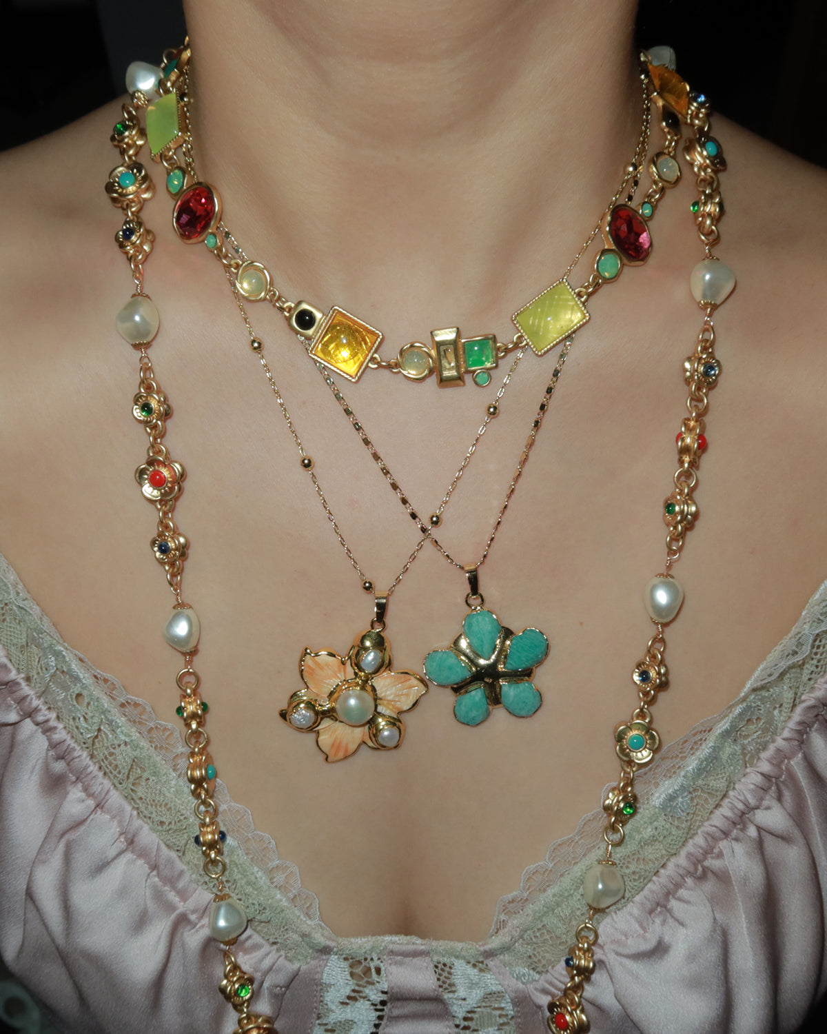 Lola Green Flower Golden Pendant Necklace