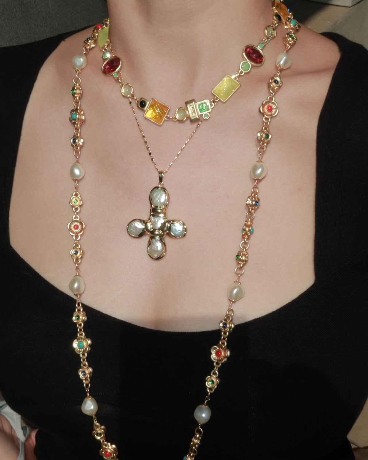 Betty Pearl Cross Golden Pendant Necklace