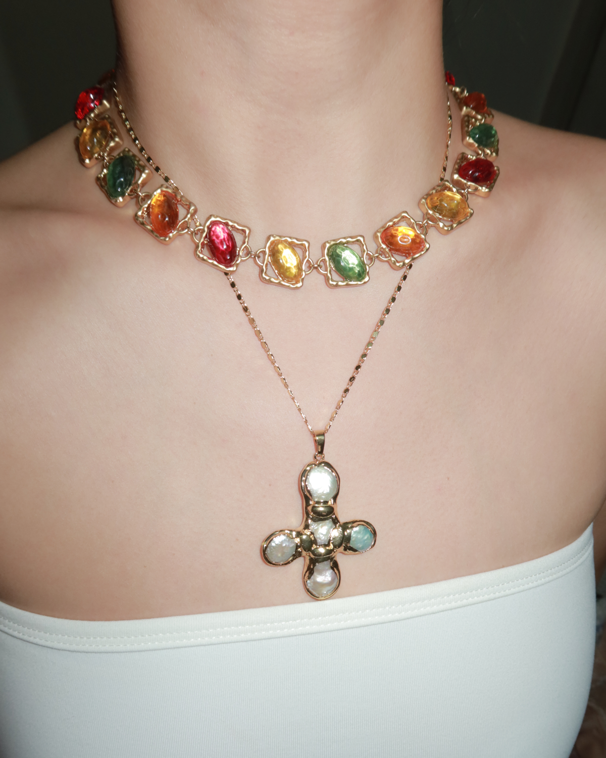 Betty Pearl Cross Golden Pendant Necklace