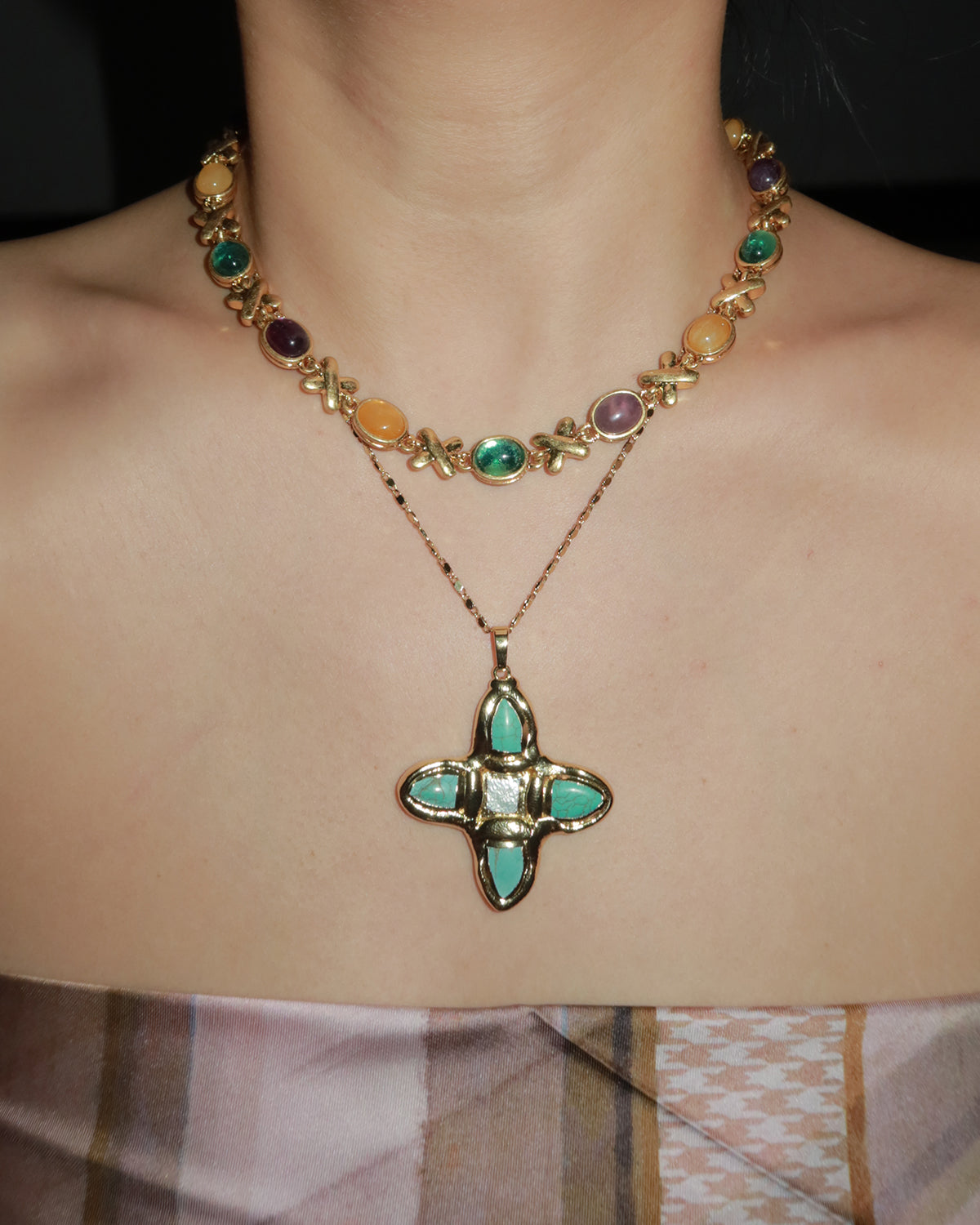 Eartha Unique Turquoise Cross Golden Pendant Necklace
