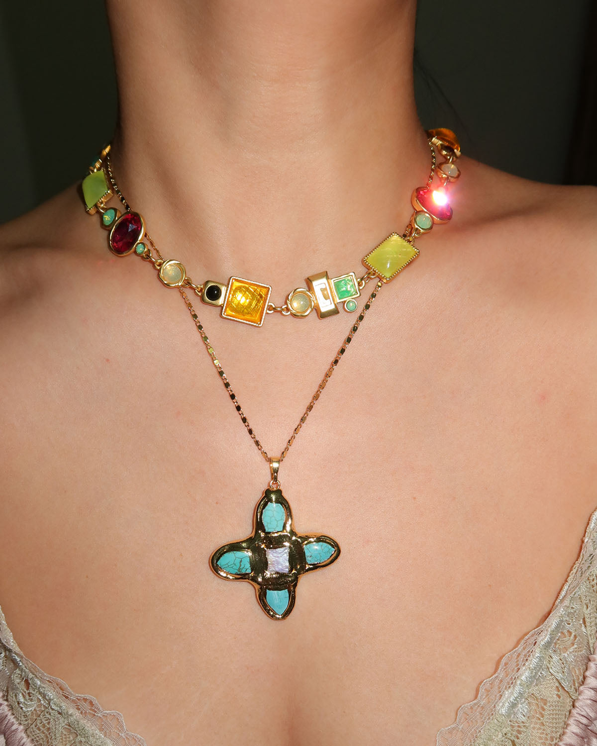 Eartha Unique Turquoise Cross Golden Pendant Necklace