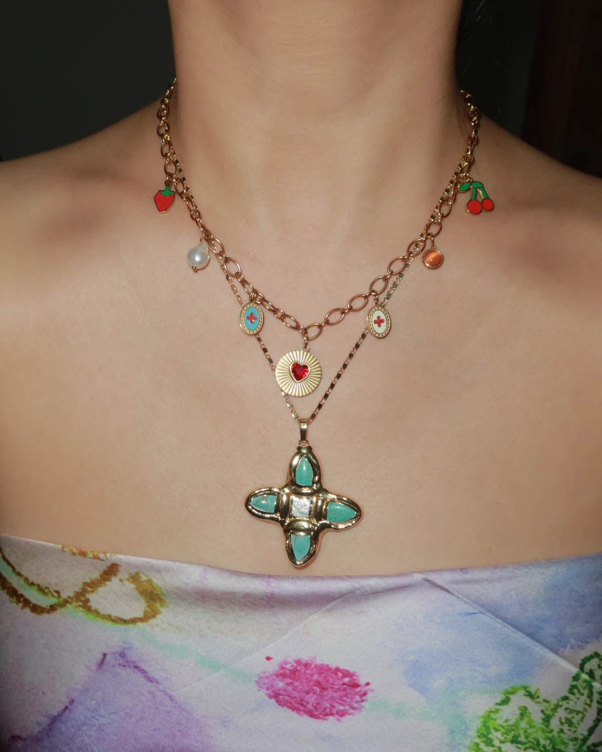 Eartha Unique Turquoise Cross Golden Pendant Necklace