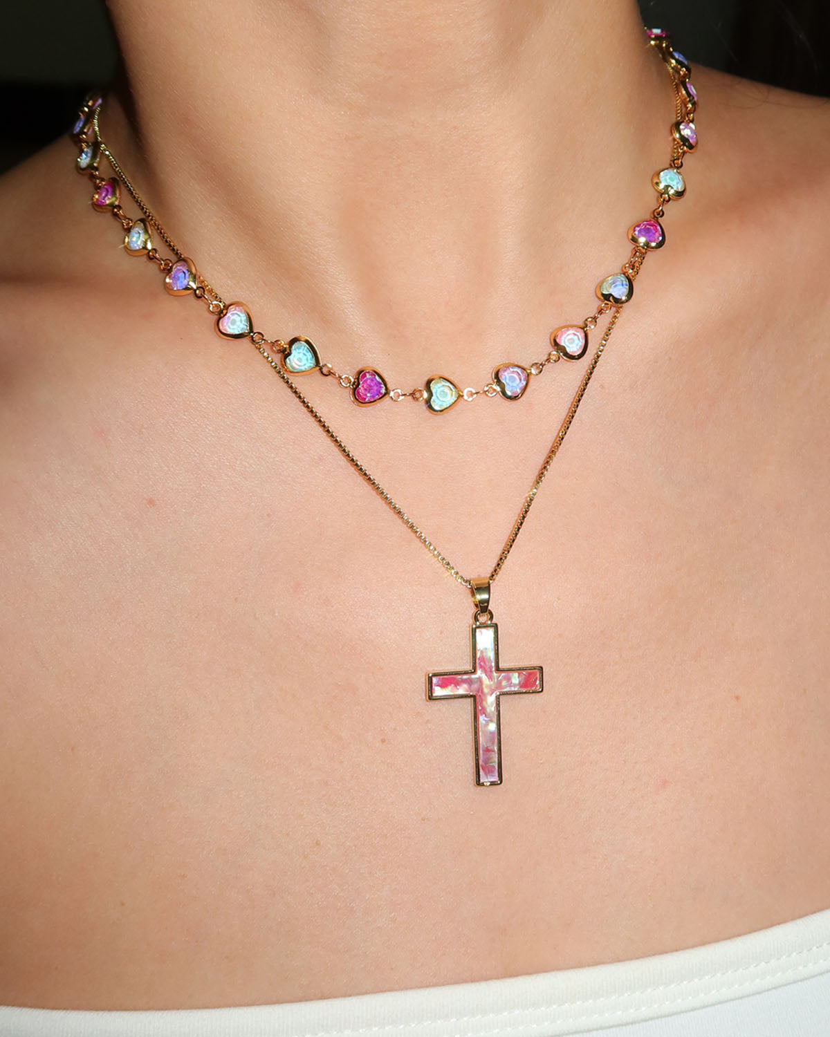 Dora Pink Sea Shell Cross Golden Pendant Necklace