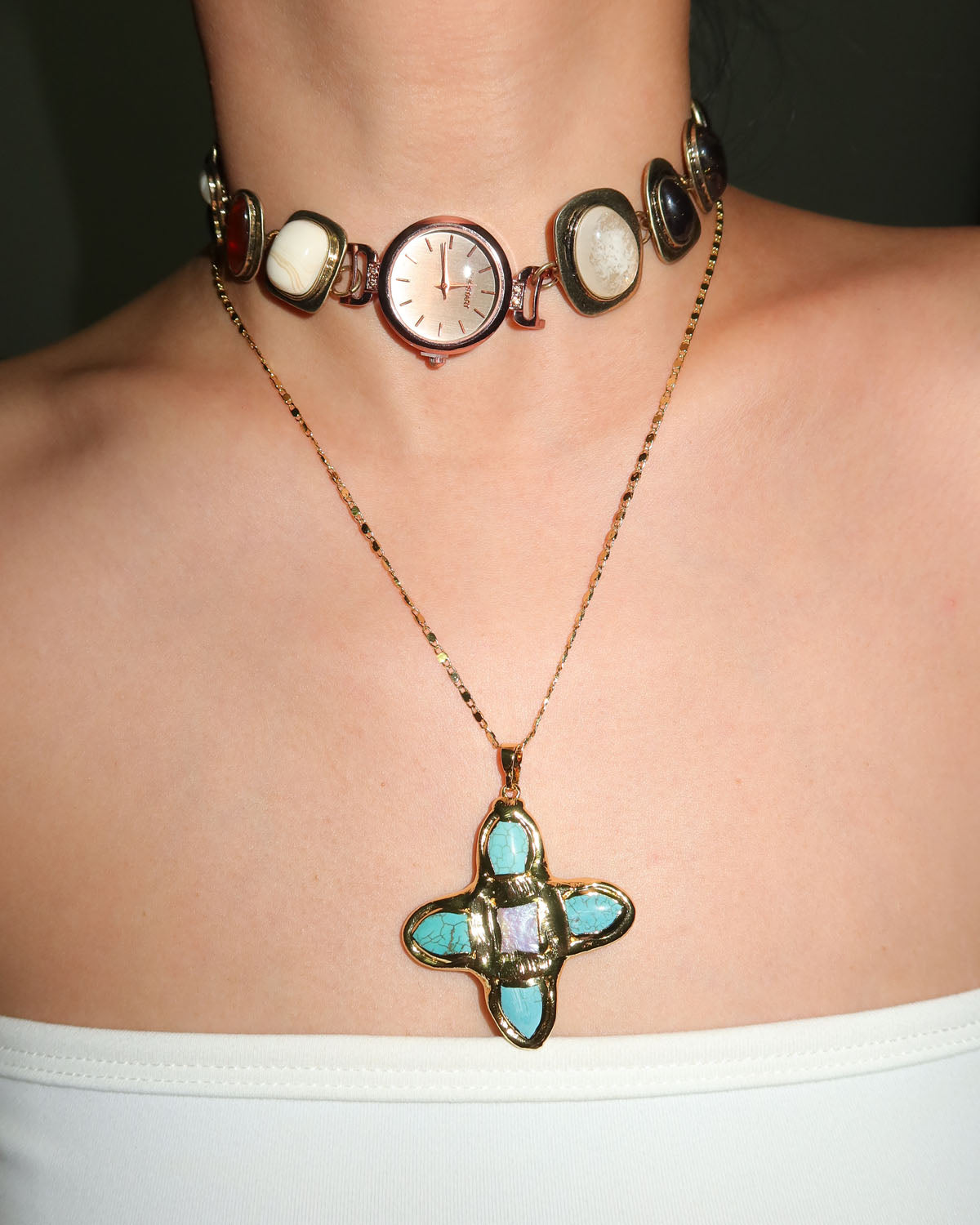 Eartha Unique Turquoise Cross Golden Pendant Necklace
