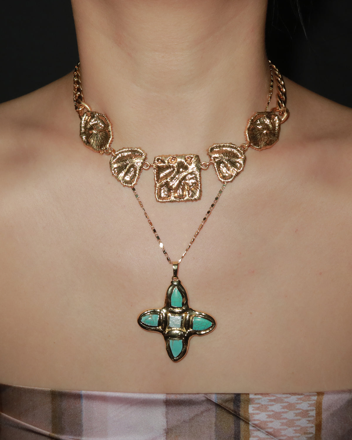 Eartha Unique Turquoise Cross Golden Pendant Necklace
