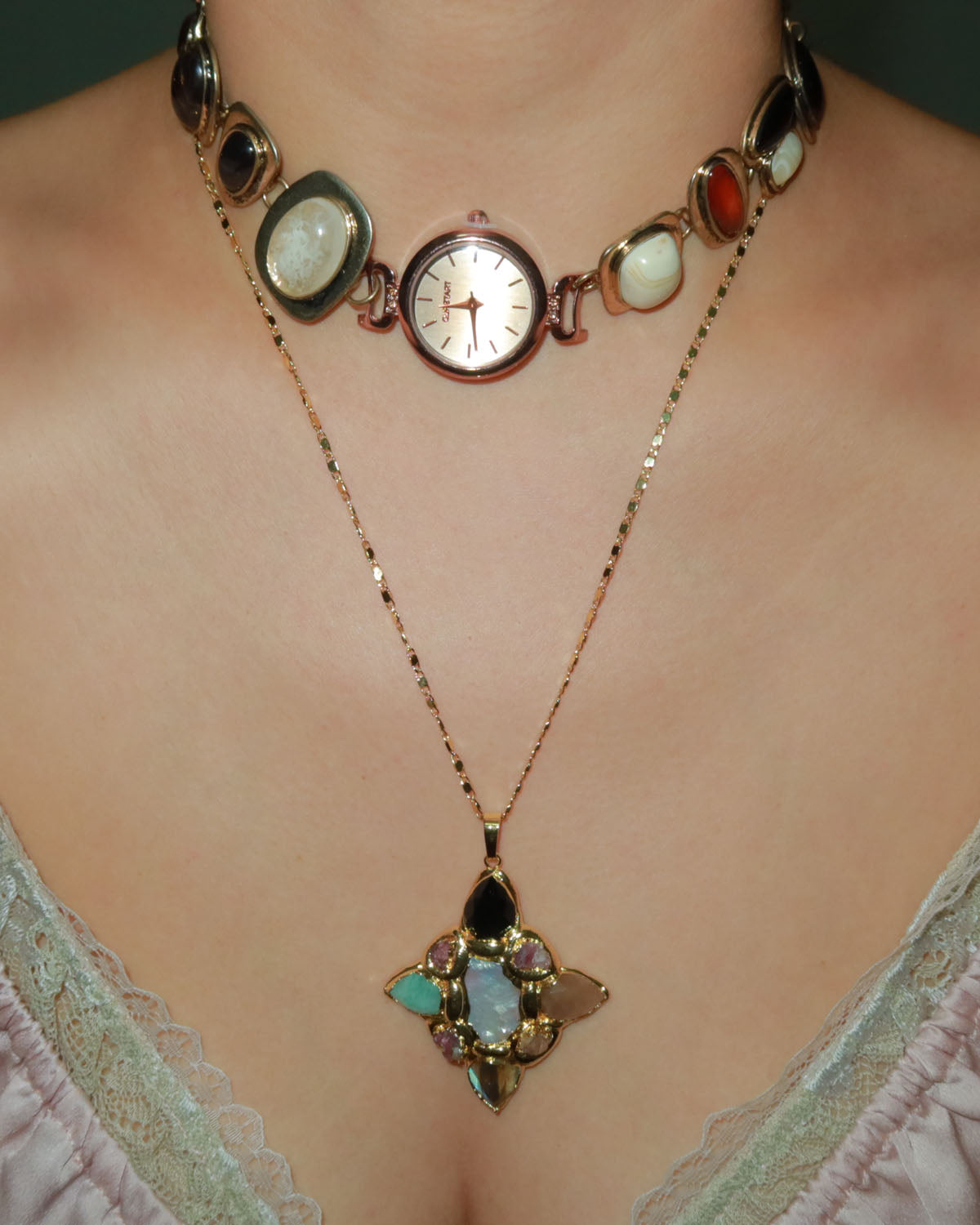 Hermosa Colorful Gemstone Golden Pendant Necklace