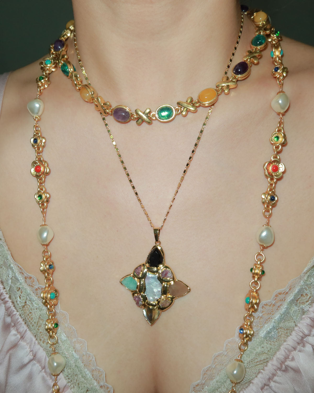 Hermosa Colorful Gemstone Golden Pendant Necklace