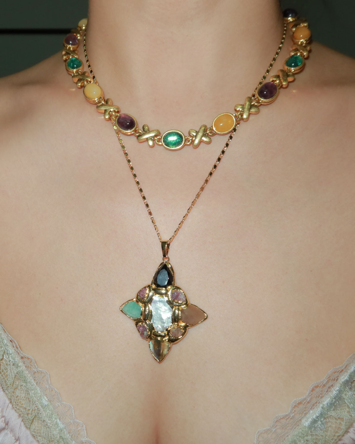 Hermosa Colorful Gemstone Golden Pendant Necklace