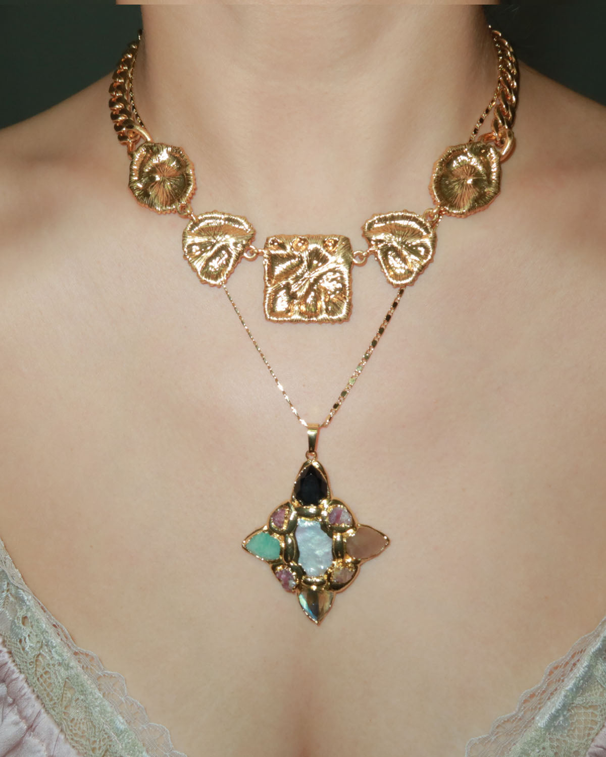 Hermosa Colorful Gemstone Golden Pendant Necklace