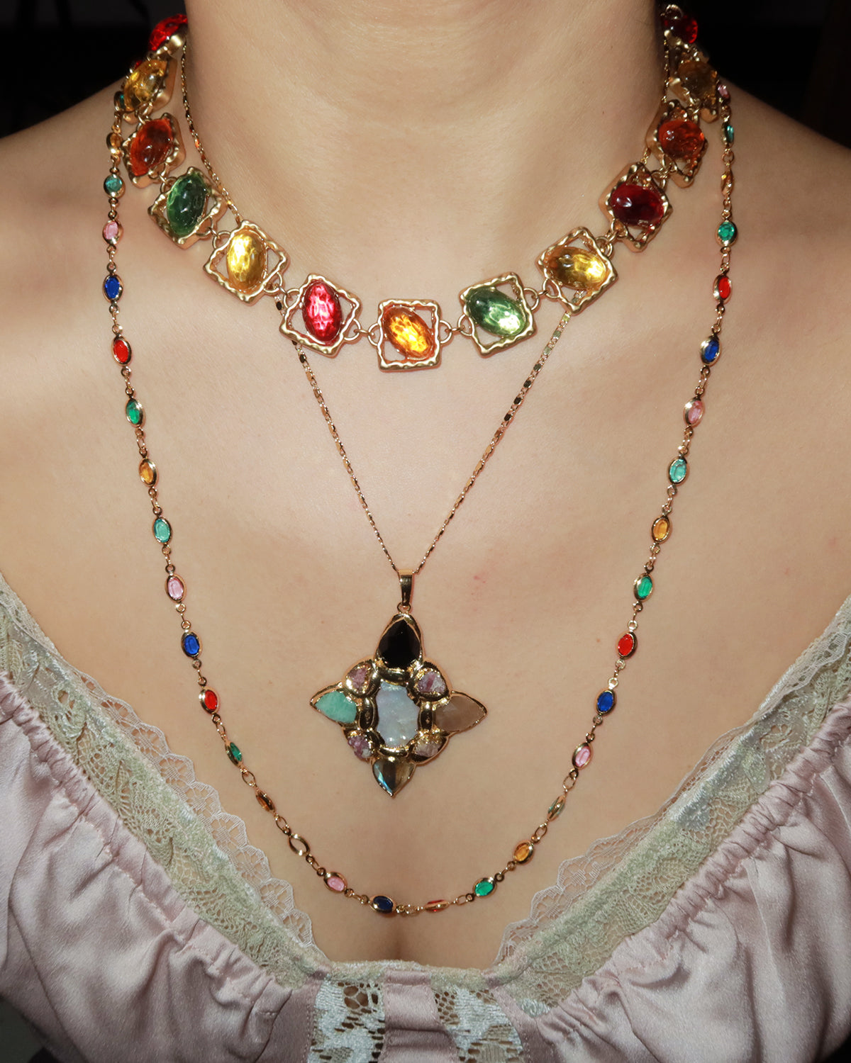 Hermosa Colorful Gemstone Golden Pendant Necklace