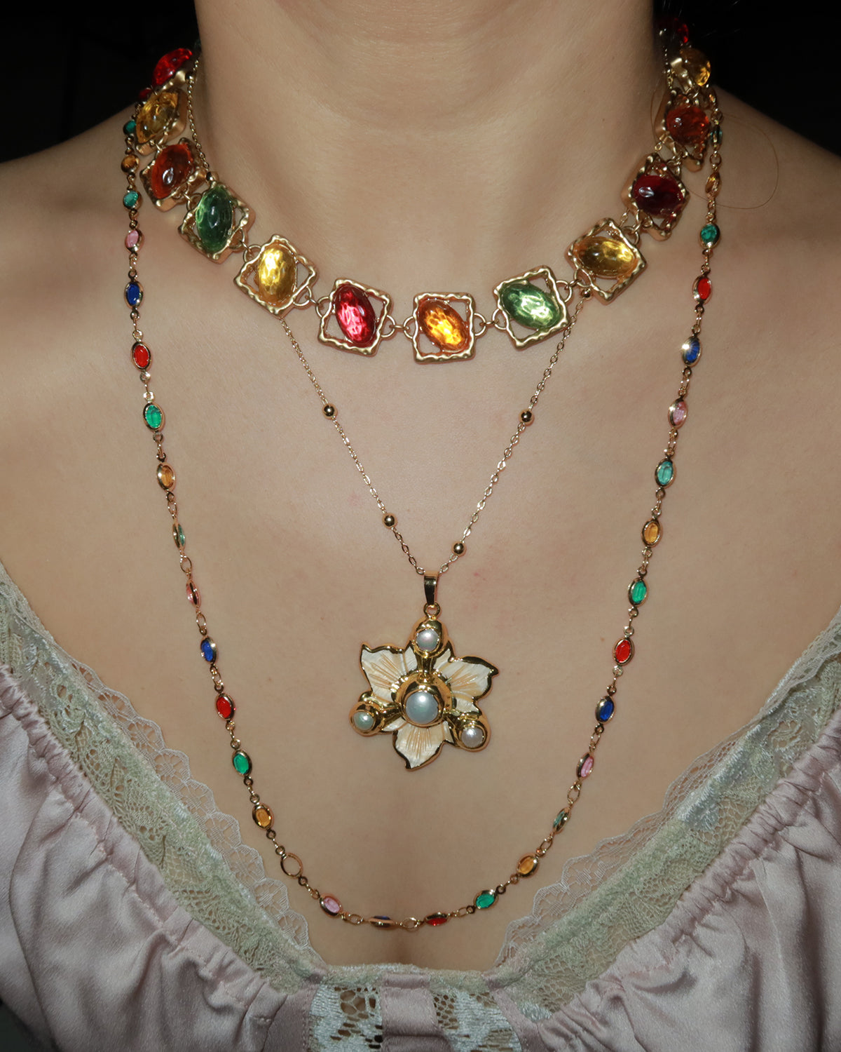Ida Colorful Oval Golden Long Lariat Necklace