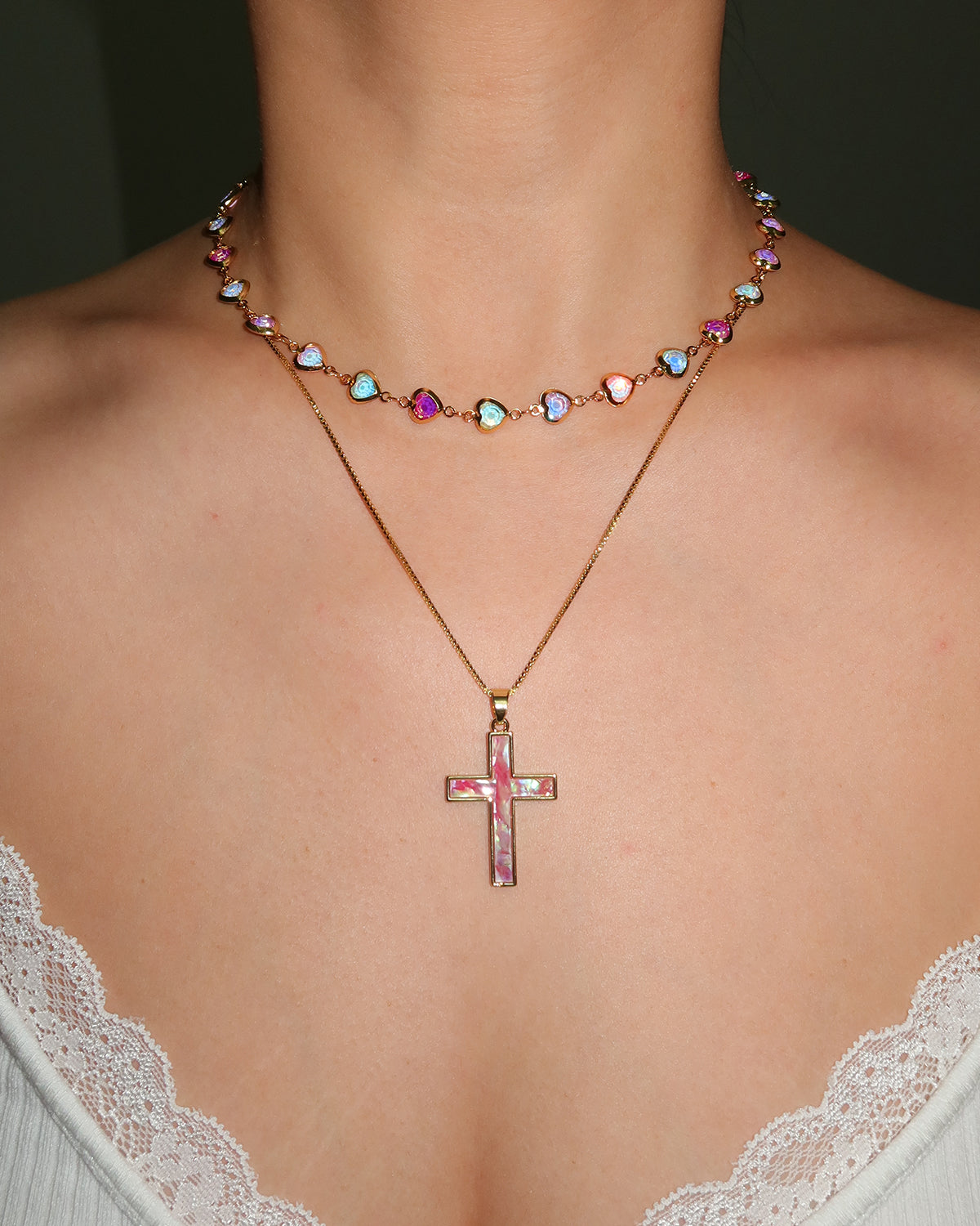 Dora Pink Sea Shell Cross Golden Pendant Necklace