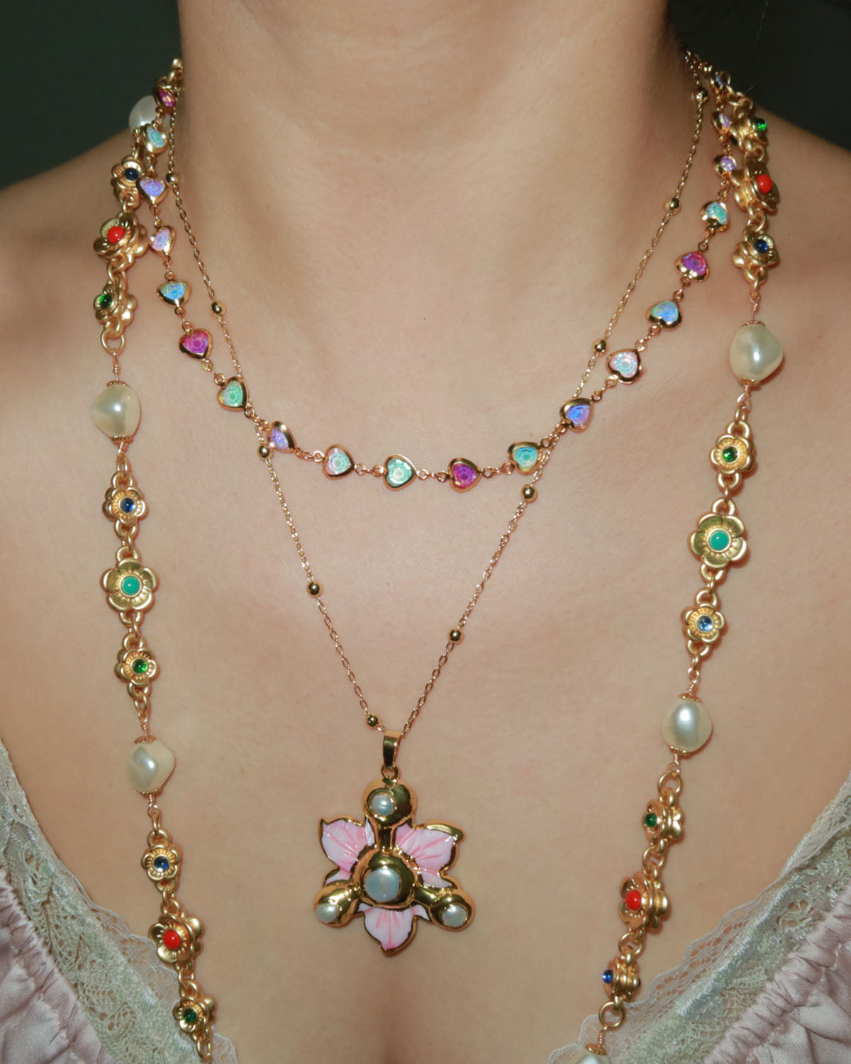 Beatrice Colorful Heart Golden Necklace