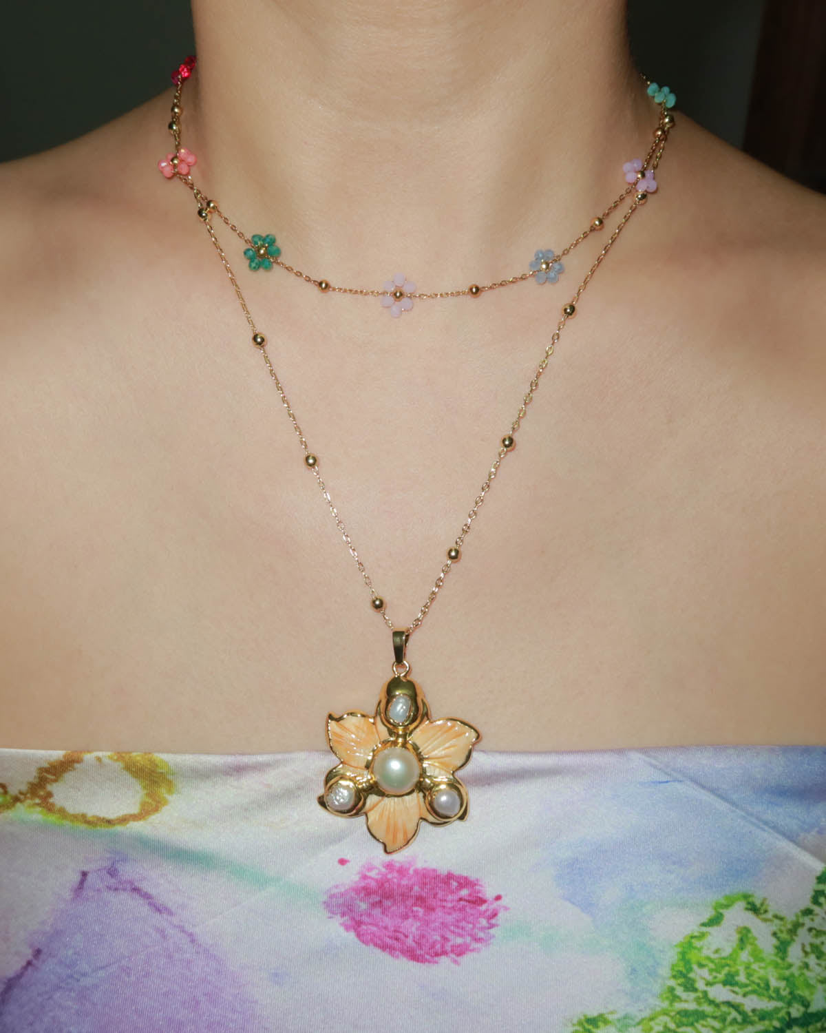 Clara Flower Beaded Golden Necklace