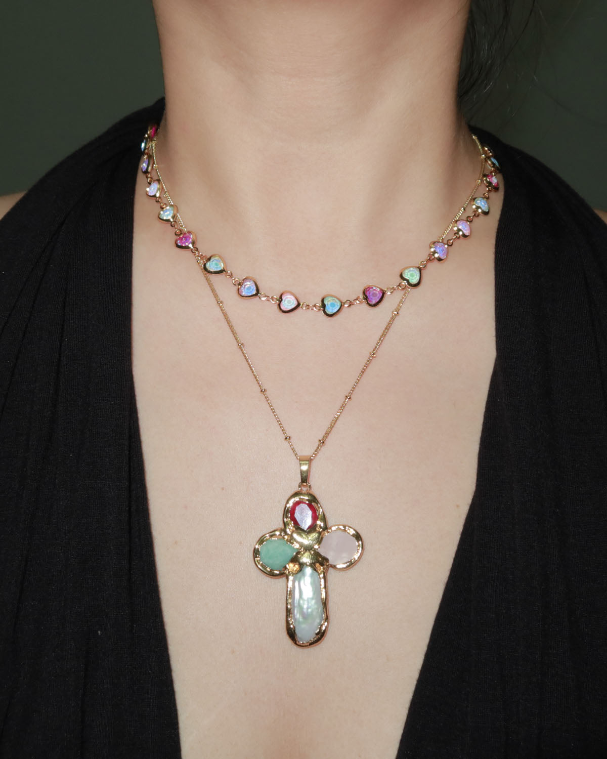 Beatrice Colorful Heart Golden Necklace