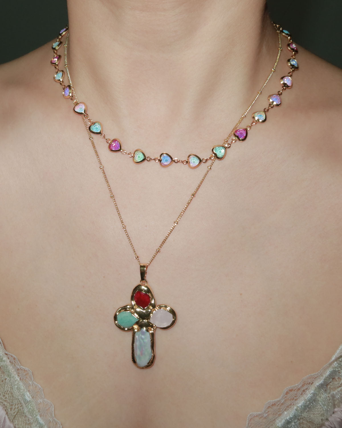 Beatrice Colorful Heart Golden Necklace