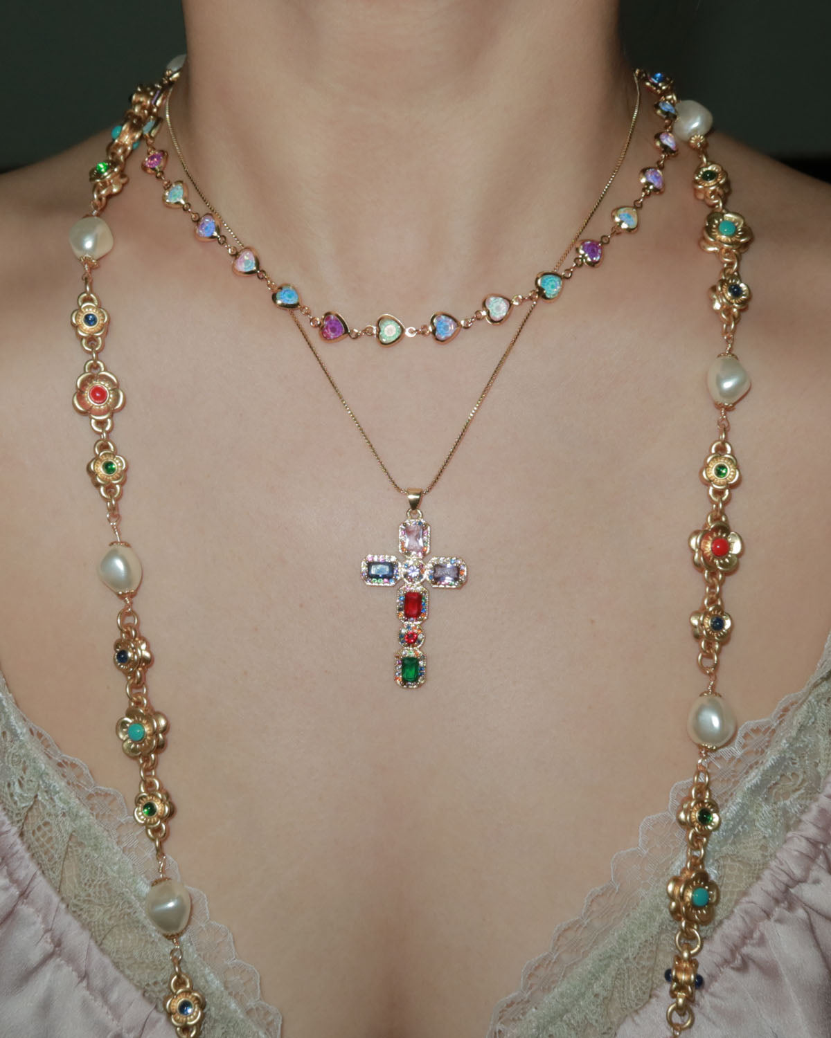 Beatrice Colorful Heart Golden Necklace