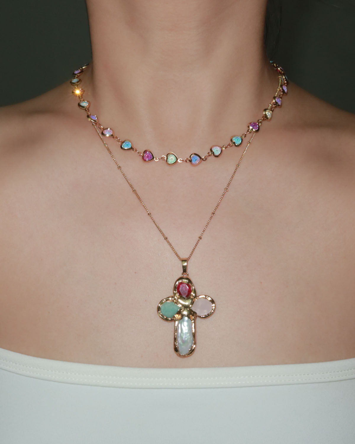 Beatrice Colorful Heart Golden Necklace
