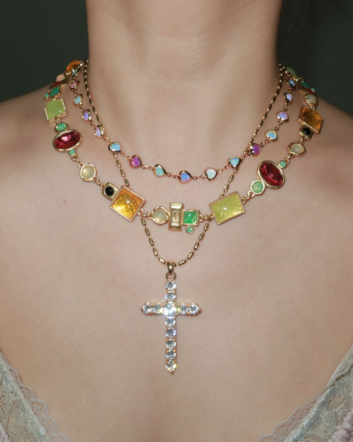 Beatrice Colorful Heart Golden Necklace