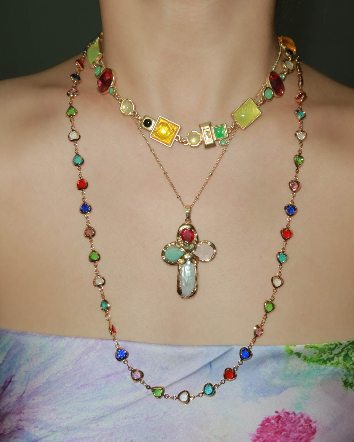 Ida Colorful Hearts Golden Lariat Necklace