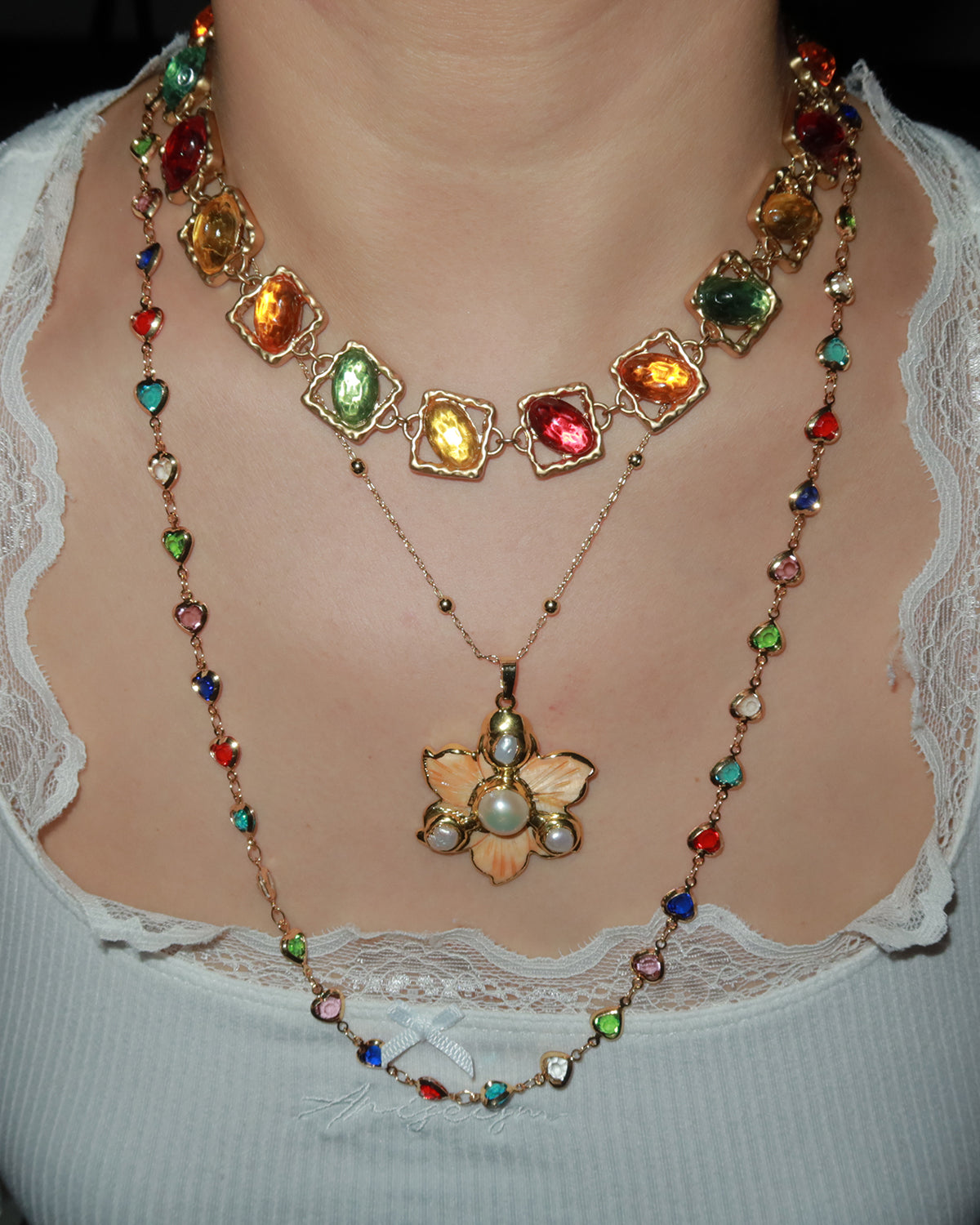 Ida Colorful Hearts Golden Lariat Necklace