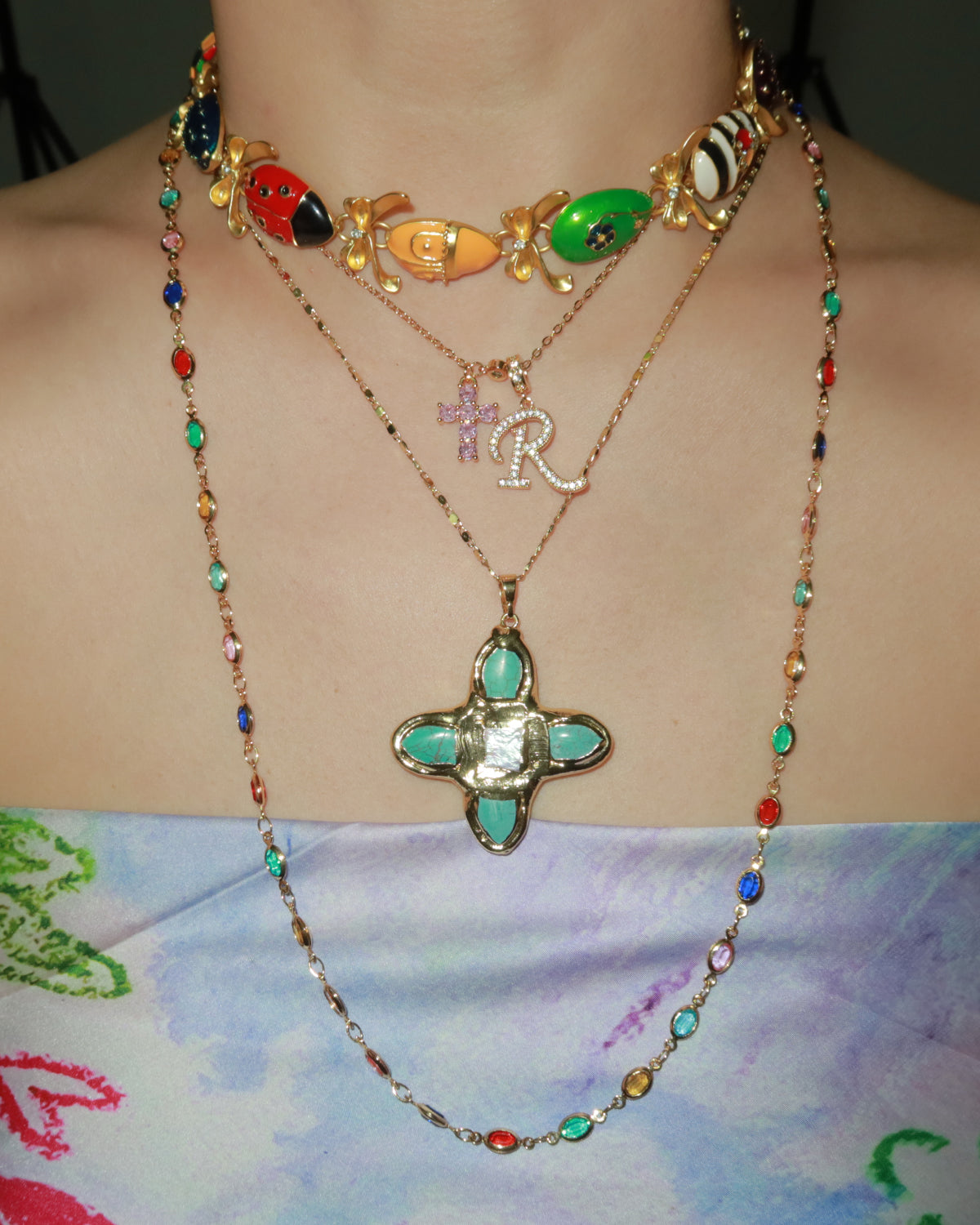 Ida Colorful Oval Golden Long Lariat Necklace