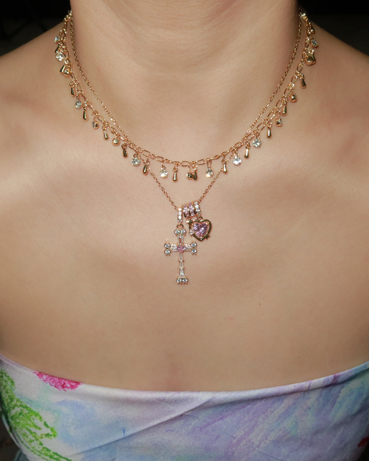 Doreen Pink Heart Cross Pendant Necklace