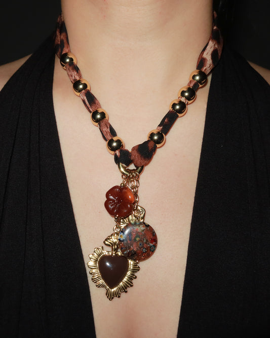 Trista Leopard Heart Flower Golden Pendant Necklace