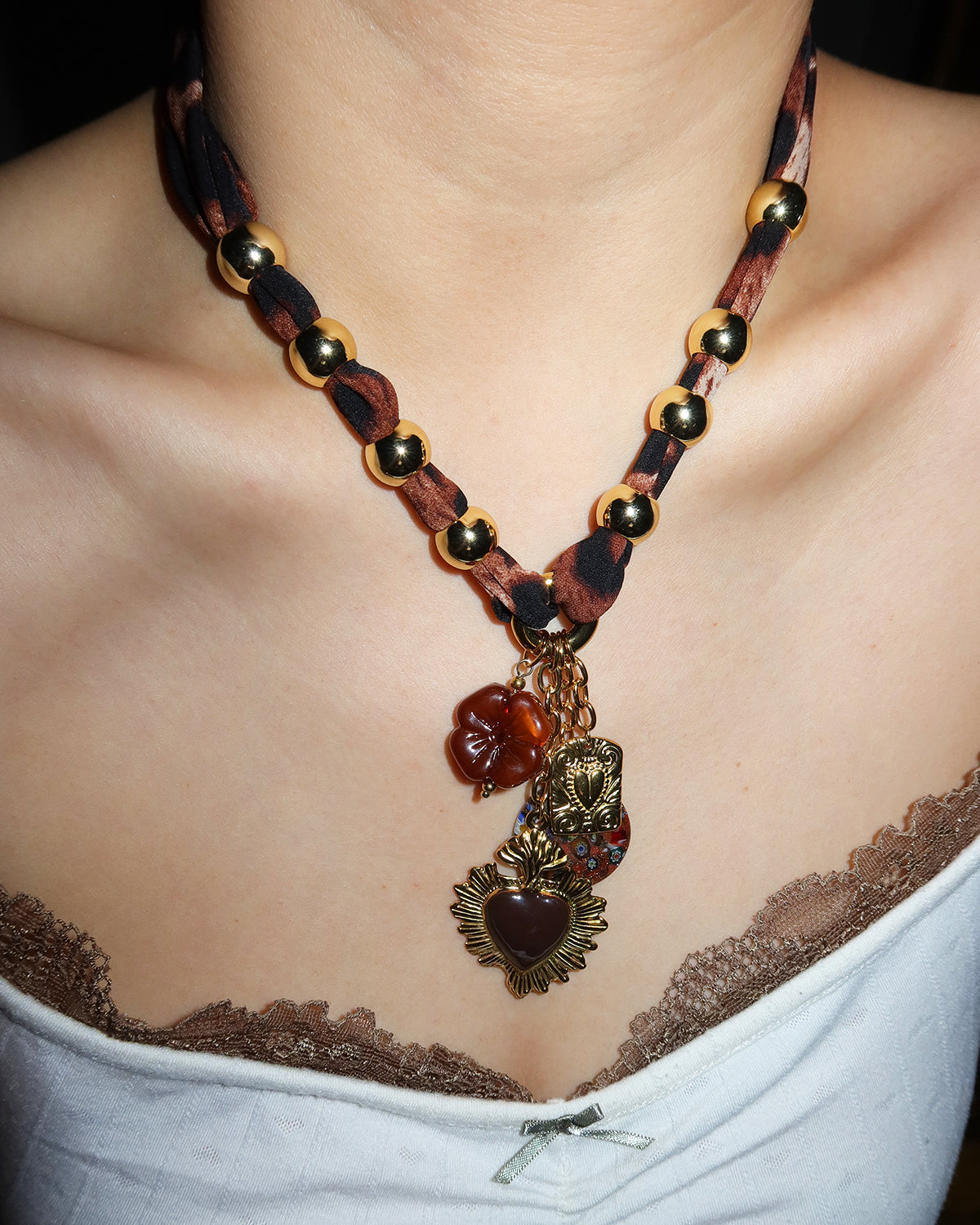 Trista Leopard Heart Flower Golden Pendant Necklace