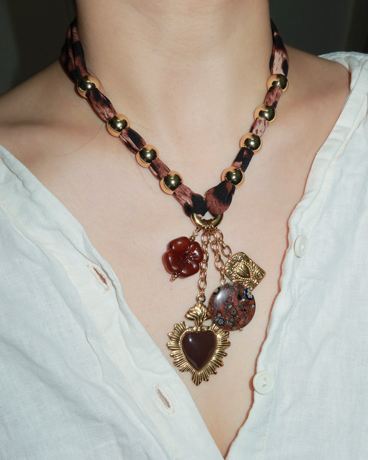 Trista Leopard Heart Flower Golden Pendant Necklace