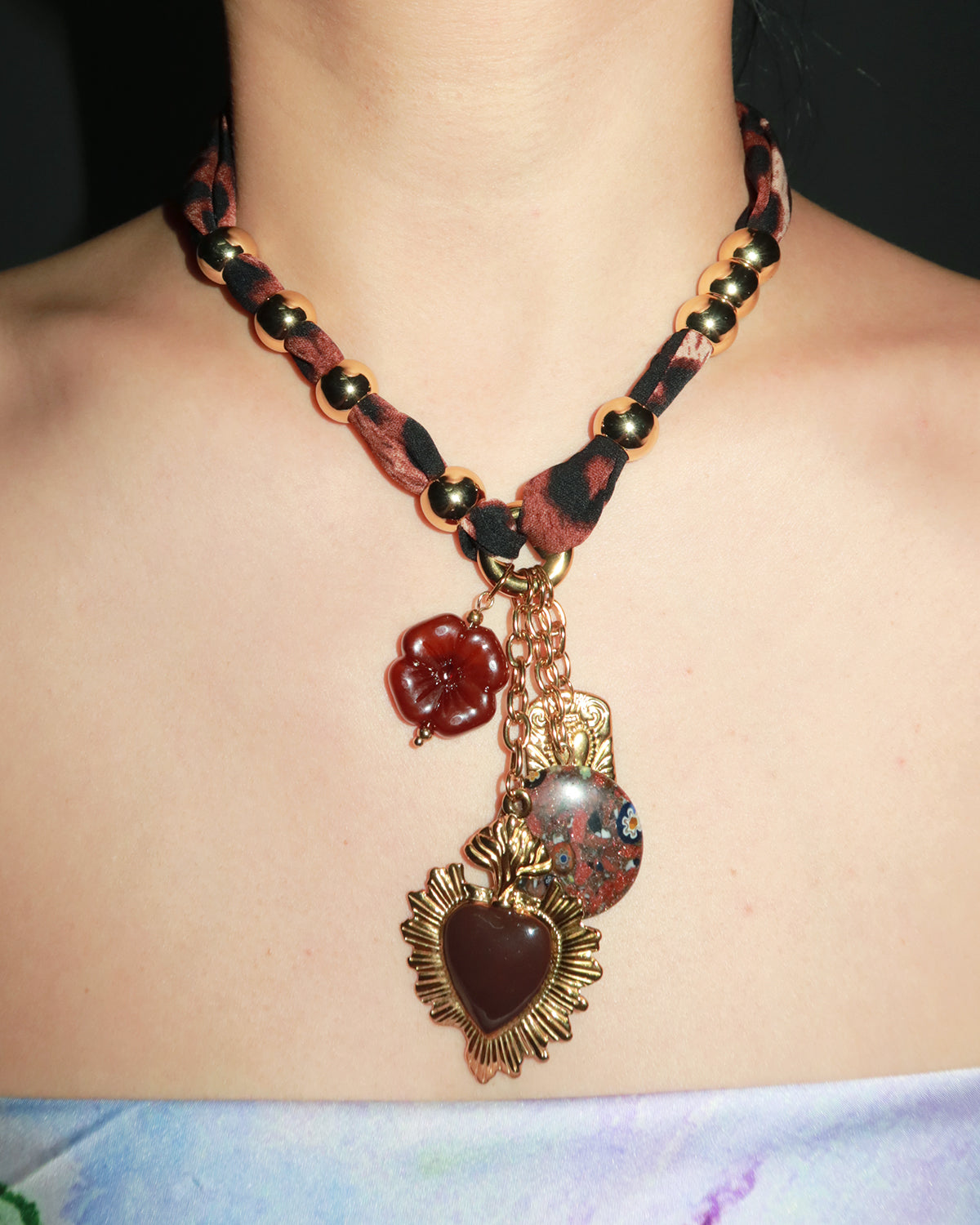 Trista Leopard Heart Flower Golden Pendant Necklace