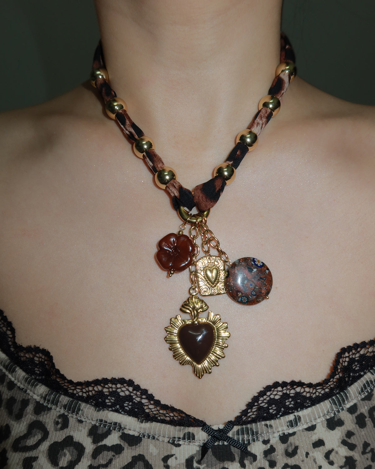 Trista Leopard Heart Flower Golden Pendant Necklace