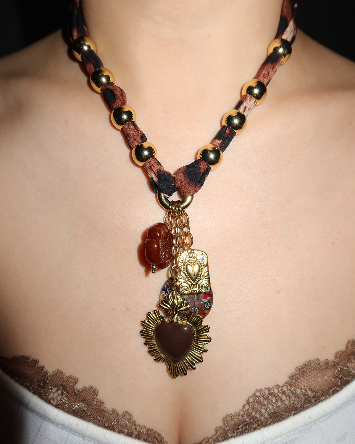 Trista Leopard Heart Flower Golden Pendant Necklace