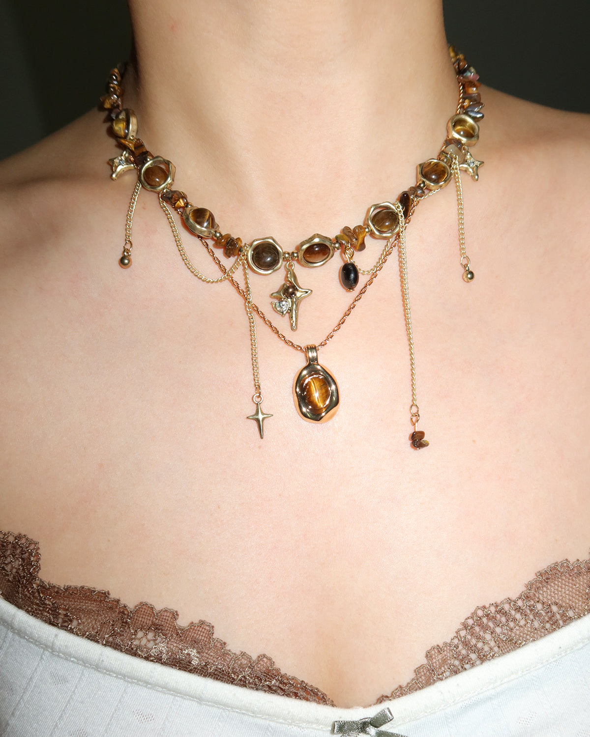 Elva Natural Tiger Eye Golden Pendant Necklace