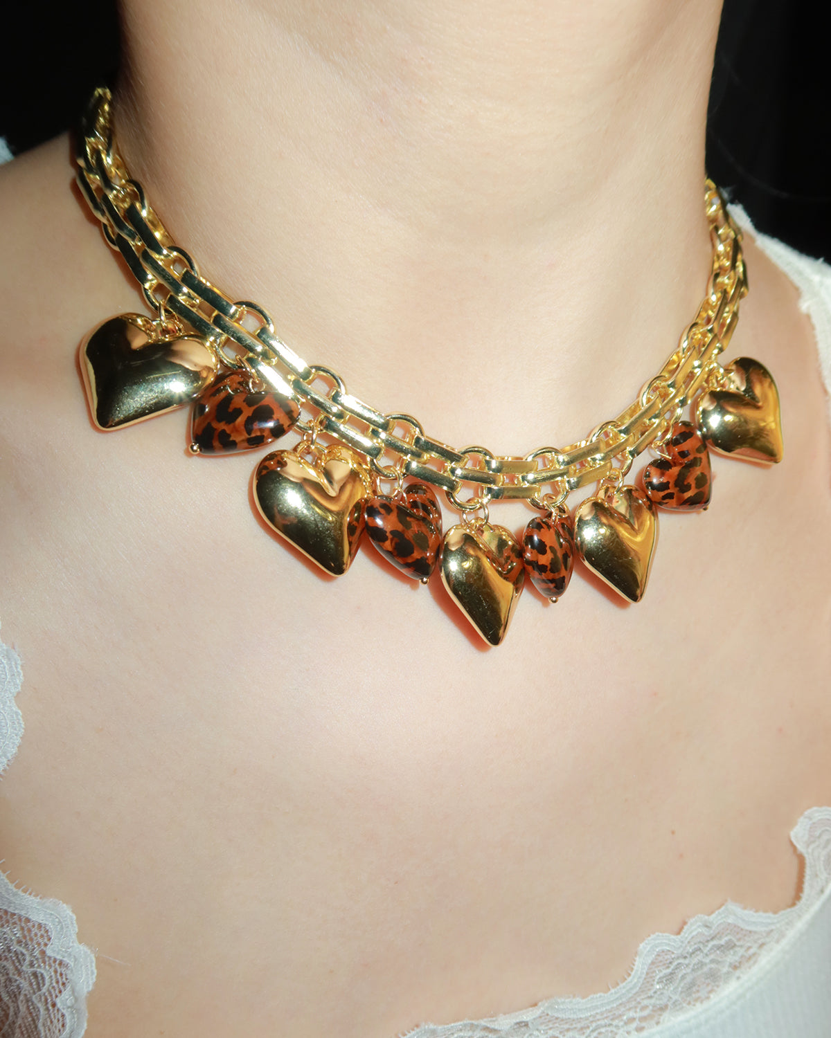 Myrna Bold Leopard Hearts Golden Charm Necklace