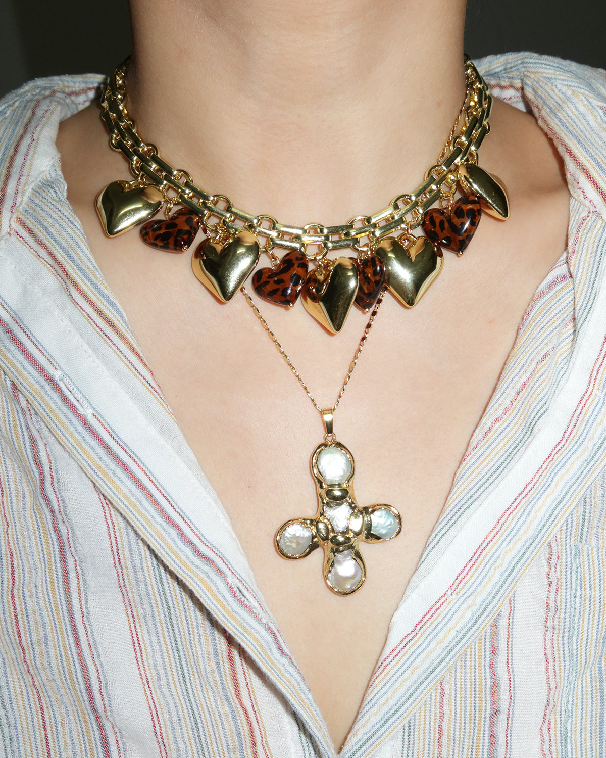 Myrna Bold Leopard Hearts Golden Charm Necklace