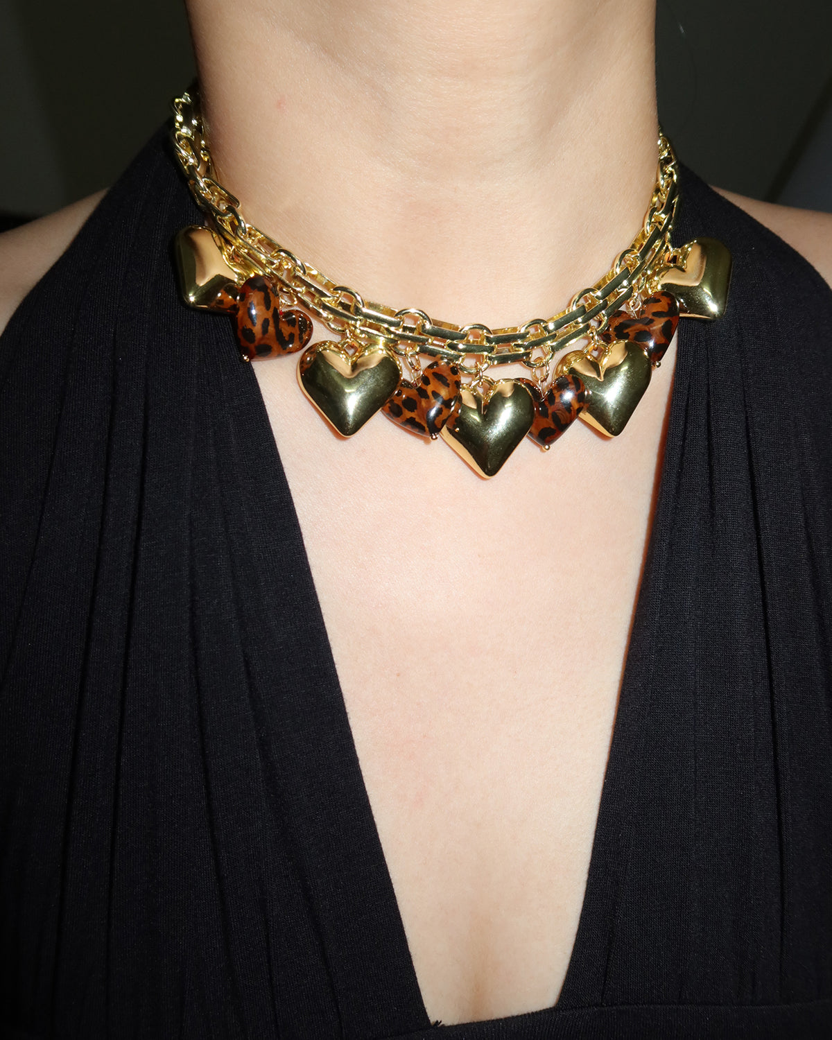 Myrna Bold Leopard Hearts Golden Charm Necklace