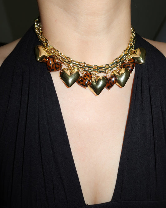 Myrna Bold Leopard Hearts Golden Charm Necklace