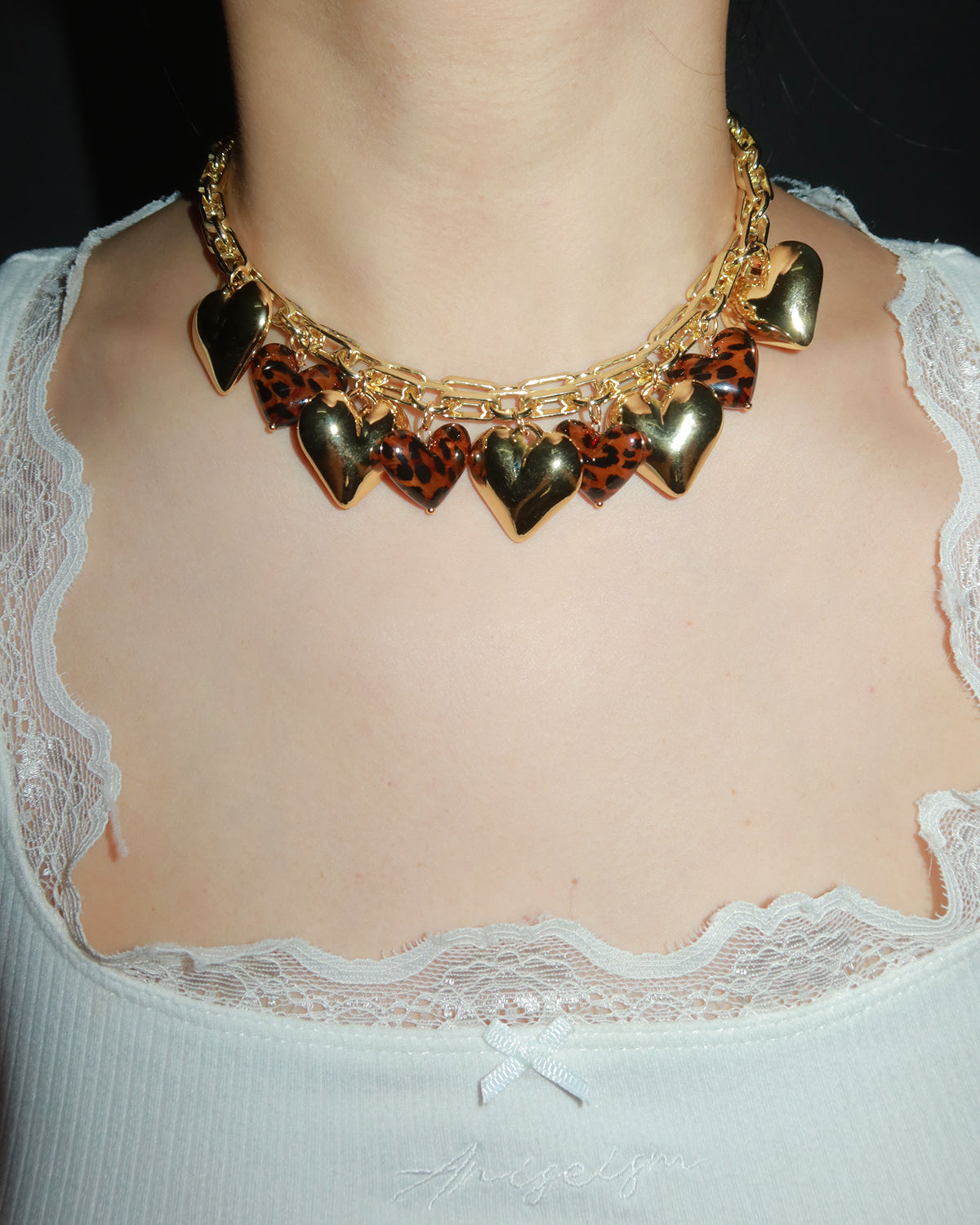 Myrna Bold Leopard Hearts Golden Charm Necklace