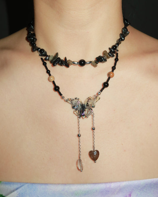 Eleanore Crushed Stone Butterfly Beaded Necklace