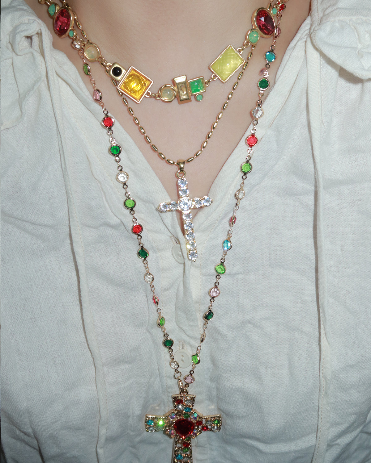 Xanthe Colorful Crystal Cross Golden Necklace