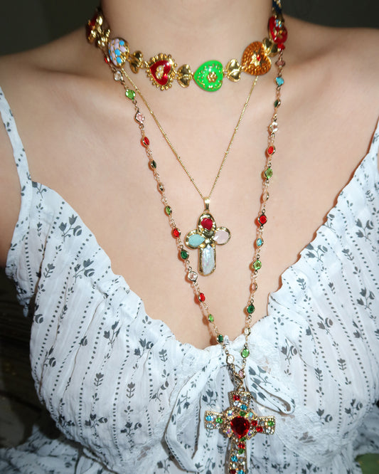 Xanthe Colorful Crystal Cross Golden Necklace