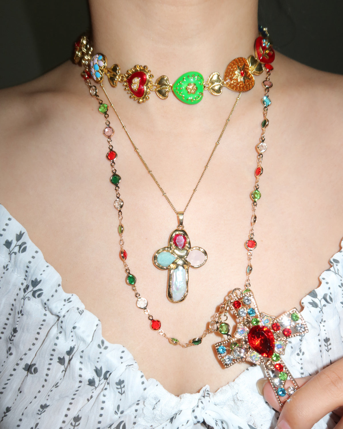 Xanthe Colorful Crystal Cross Golden Necklace
